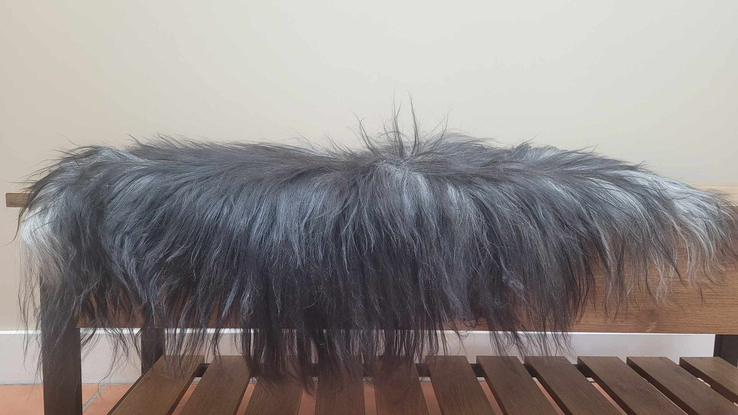 Ethically sourced grey and black Icelandic soft sheepskin rug for Hygge and mountain decor