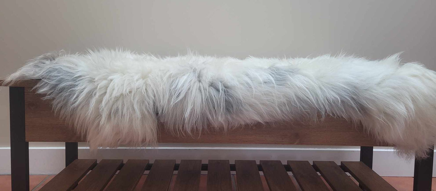 Ethically sourced grey and white soft sheepskin rug for Hygge and mountain decor