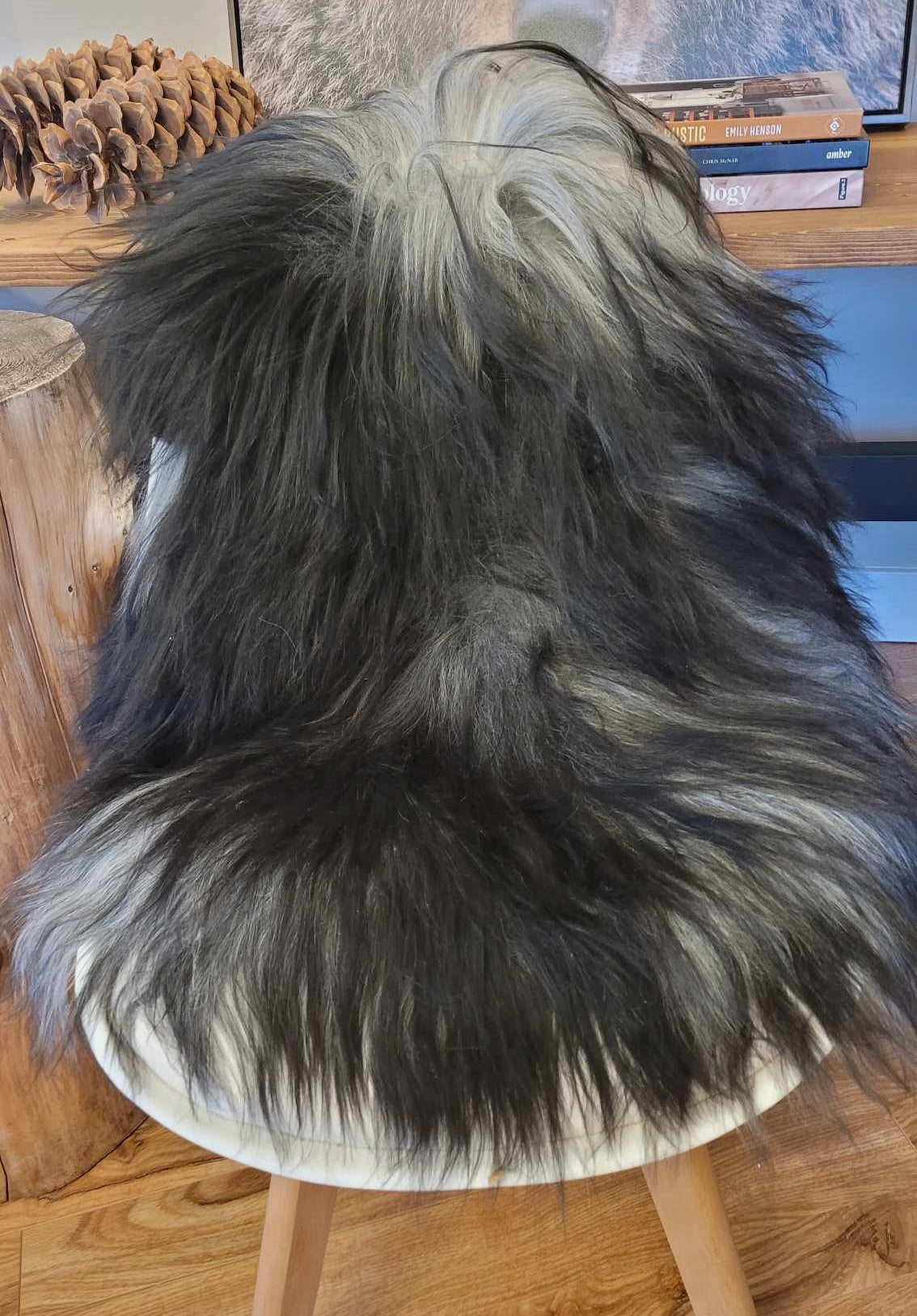 Ethically sourced grey and black Icelandic soft sheepskin rug for Hygge and mountain decor