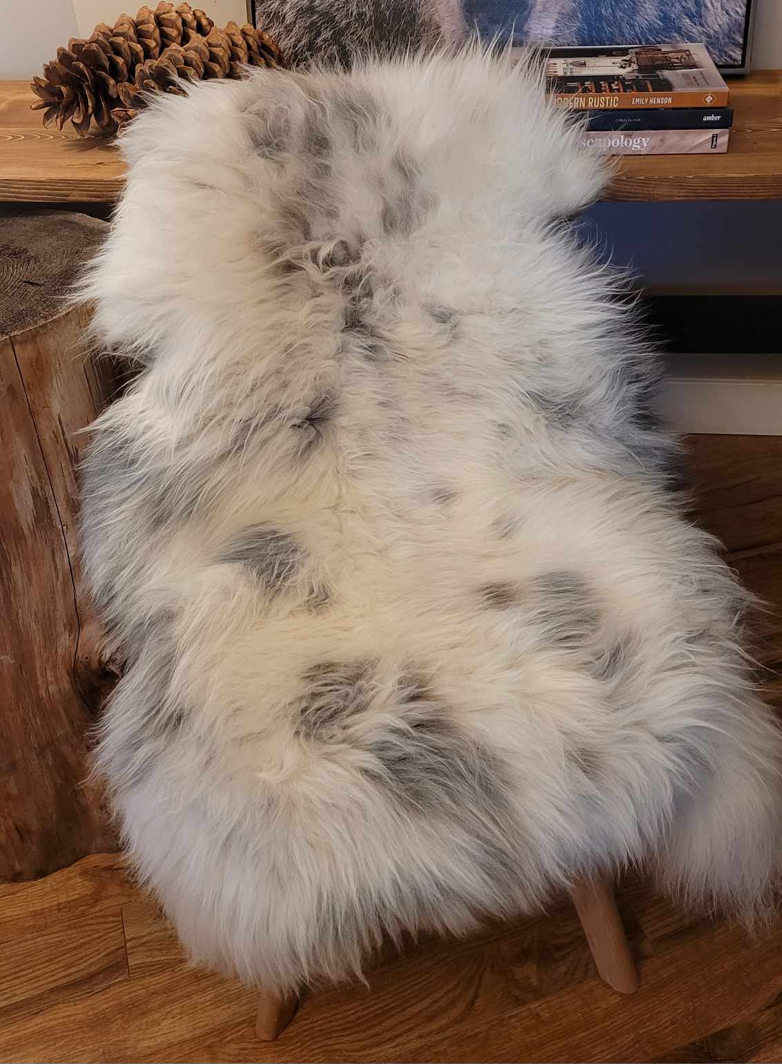 Ethically sourced grey and white soft sheepskin rug for Hygge and mountain decor