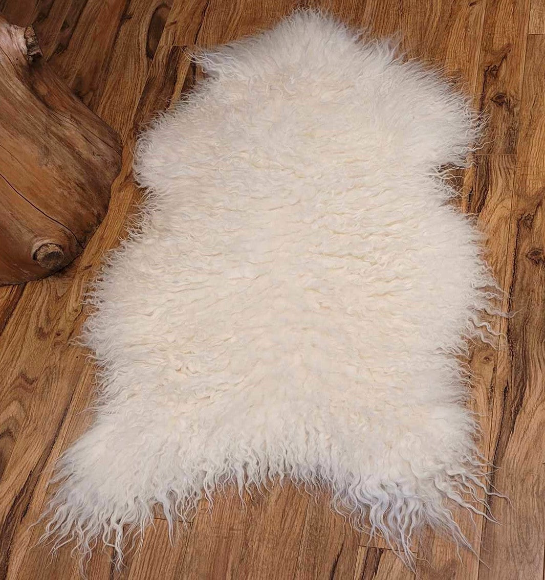 Ethically sourced curly Icelandic sheepskin rug for Hygge and mountain decor