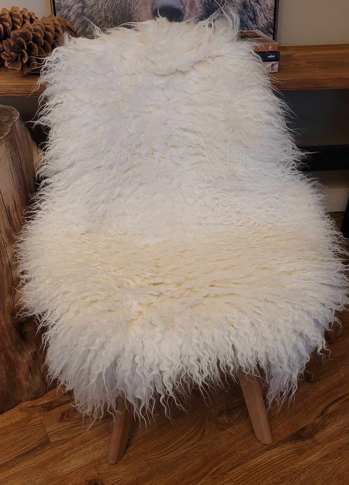 Ethically sourced curly Icelandic sheepskin rug for Hygge and mountain decor