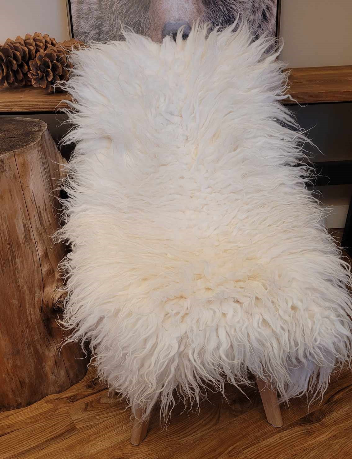 Ethically sourced curly Icelandic sheepskin rug for Hygge and mountain decor